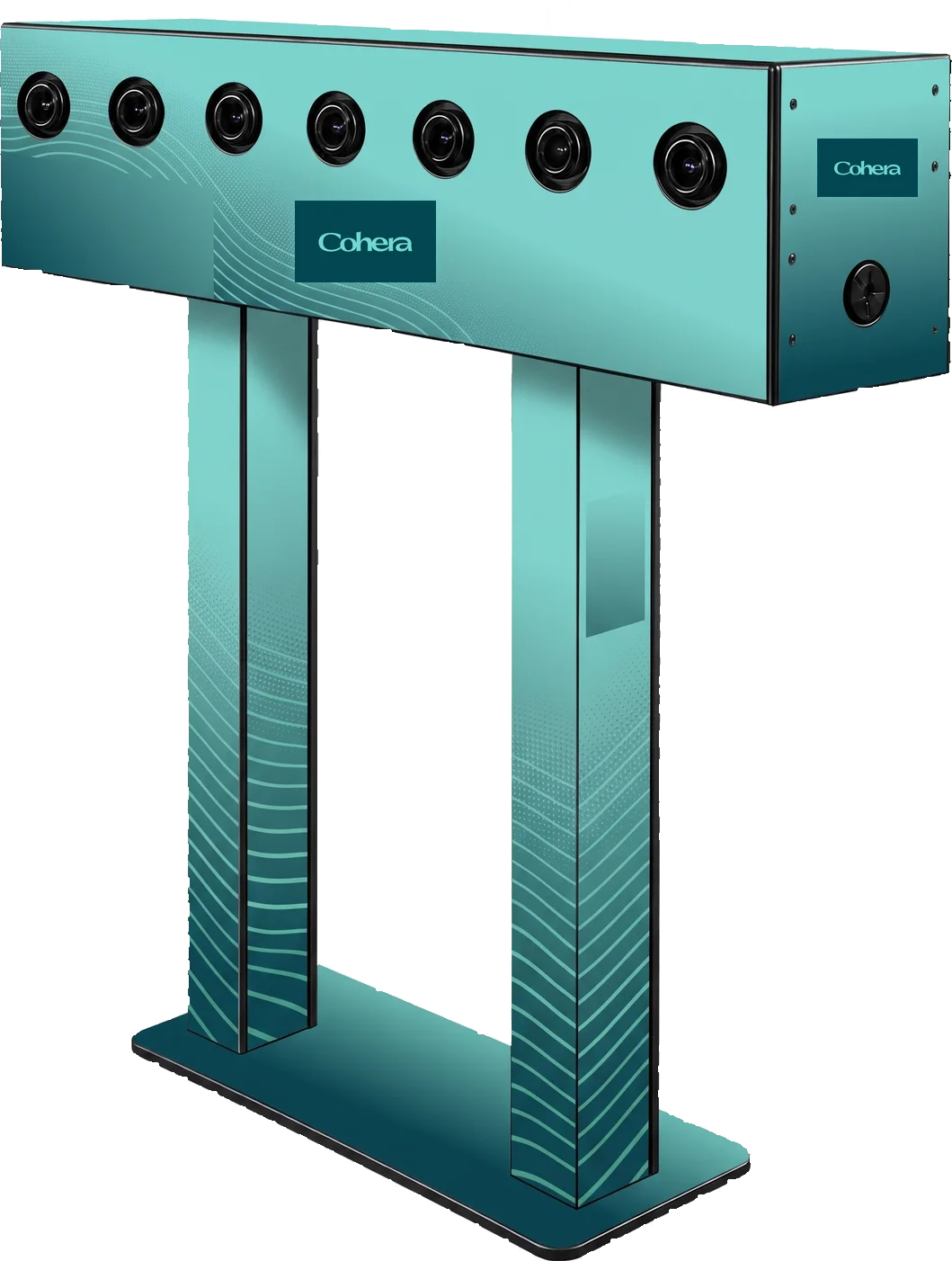 Array multi-camera gantry with seven camera lenses across the top beam, shown in a Cohera custom wrap