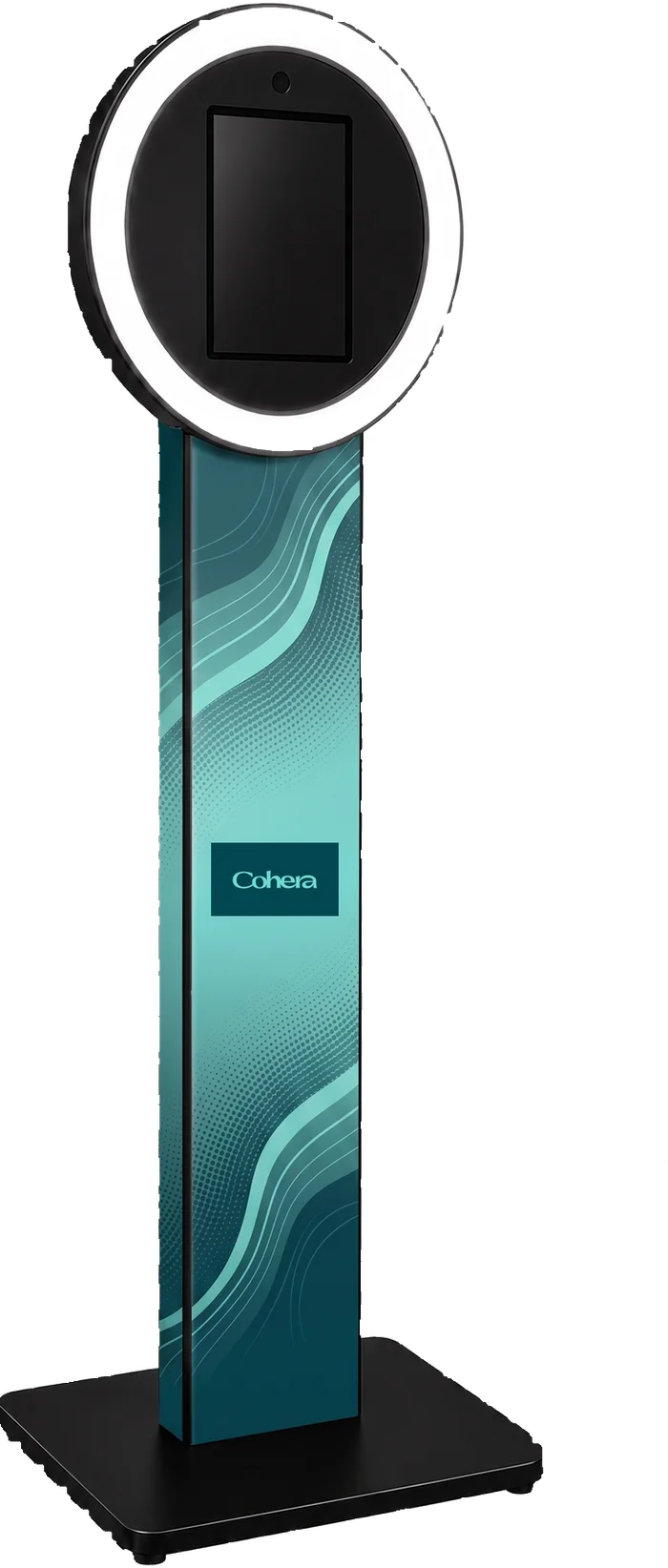 Selfie Station kiosk with halo ring light, shown in a Cohera custom wrap