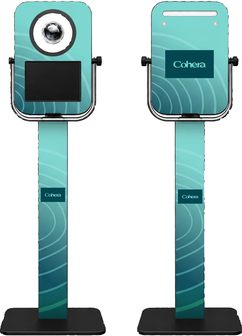 PRO booth, front and back, with adjustable tilting head unit, shown in a Cohera custom wrap