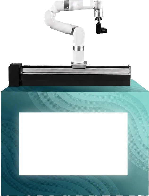 Robotic camera arm mounted on a rail atop a branded base cabinet, shown in a Cohera custom wrap